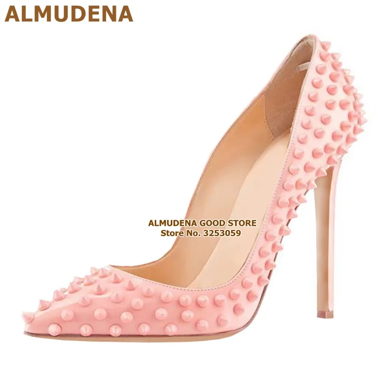 pink 12cm heel ALMUDENA/туфли-лодочки с заклепками на каблуке 12 см, 10 см, 8 см модельные туфли с острым носком на шпильке дизайнерская Свадебная обувь с закрытым носком размеры 45 - Цвет: pink 12cm heel