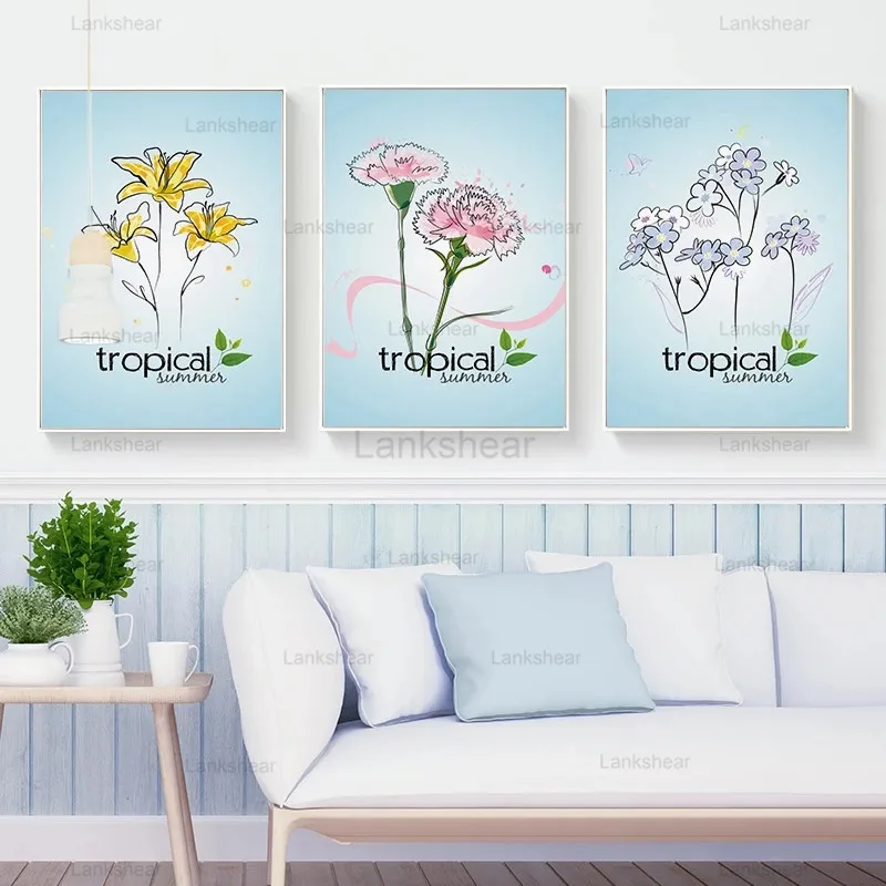 Скандинавский тропический растительный принт акварельный розовый цветок