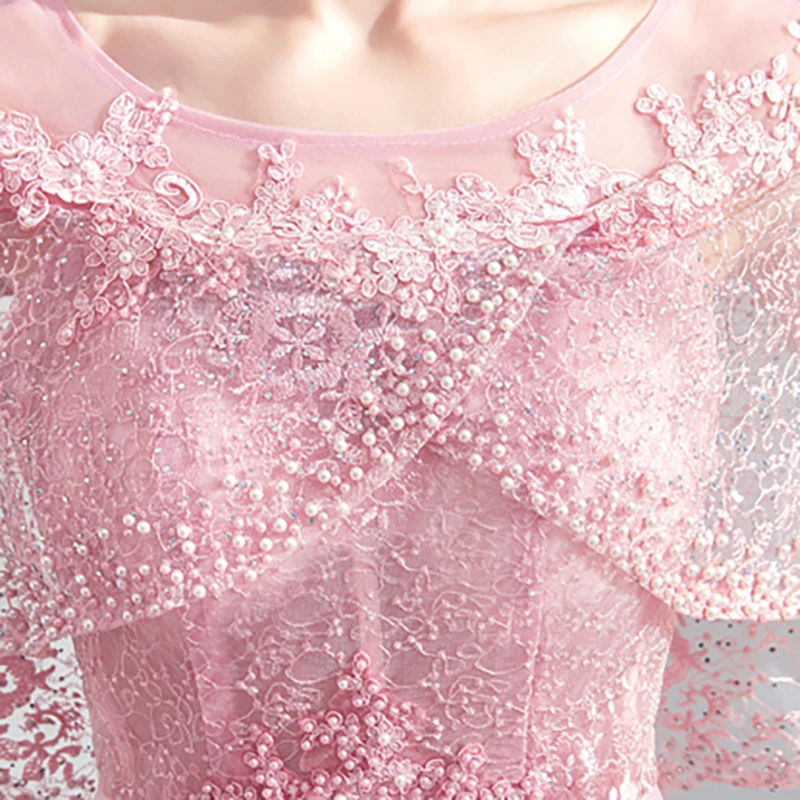 

Bespoke Occasion Dresses Illusion O-Neck Short Pearls Embroidery Backless Tulle Lace Crystal Pink Women Engagement Gown TS150