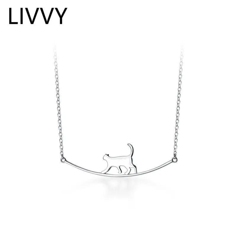 

LIVVY Trendy Silver Color Cat Pendant Necklace For WomenSimple Clavicle Chain Elegant Temperament Neck Accessories