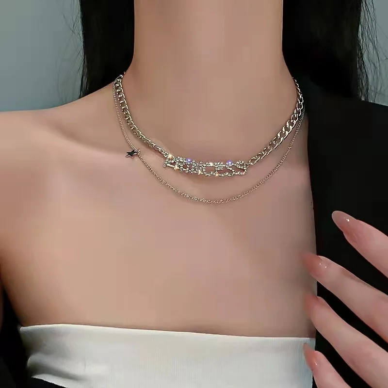 

Fashion personality tide set diamond letters star double layer necklace net red temperament design sense of free shipping