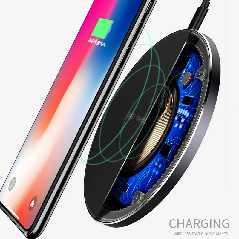 10W Wireless Charger Ultra-thin Metal Pad Qi Fast Charging LED Breathing Light for iPhone 11 Samsung Xiaomi | Мобильные телефоны и