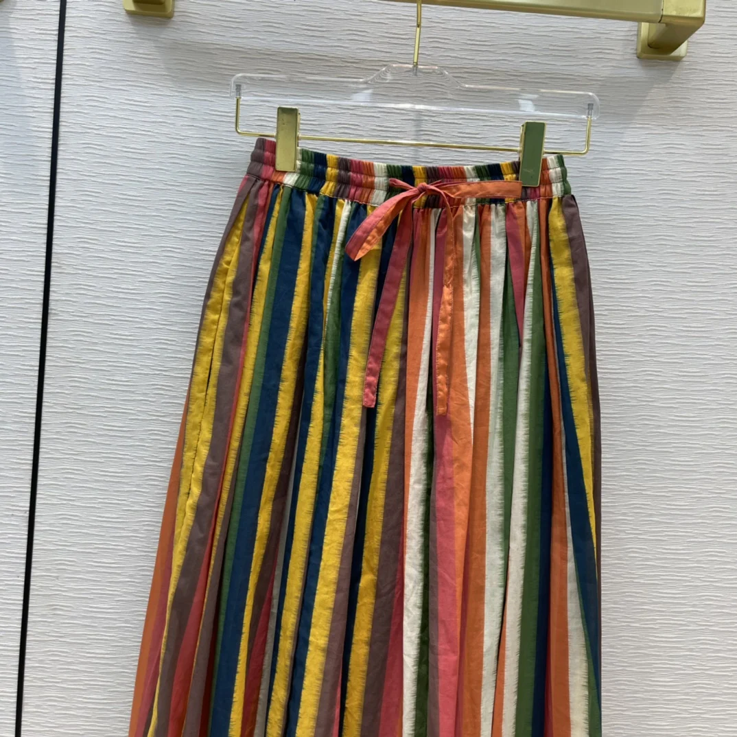 Holiday Red Striped Skirts for Women Summer 2020 Luxury Brand Lace Up High Waist Skirts Casual Style Big Hem Pleated Skirts Lady