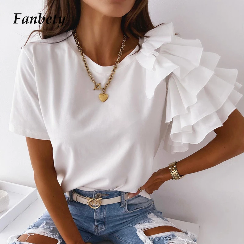 

Элегантная однотонная блузка с круглым вырезом, рубашка, летняя женская рубашка с коротким рукавом, блузка, женские модные многослойные топ...