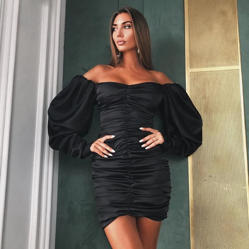 VIEUNSTA сексуальное платье с открытыми плечами с рюшами Clubnight вечерние платье Для женщин осень без бретелек с мини-юбкой и длинным рукавом платье Femme Драпированное Платье облегающее платье