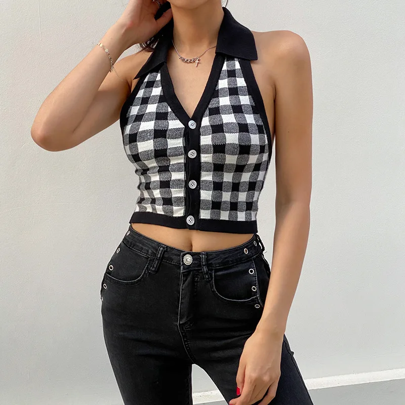 

Vintage Striped Knitted Y2K Short Tank Top Women Sexy Party Backless Hater Crop Top 2021 Fashion Streetwear Buttons Vest