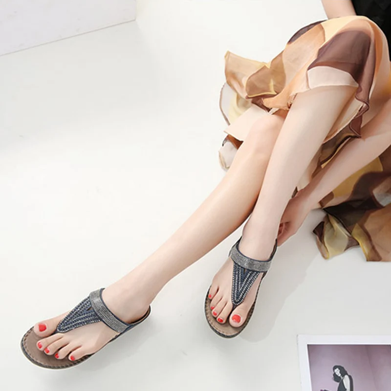 

Cool Summer Women's Sandal Rhinestone String Line Vintage Anti-Slip Slippers Oversized Large Size Flat Shoes Fashion Sweet Beach