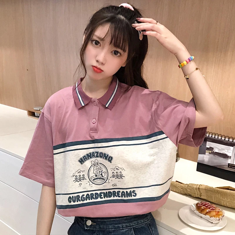 

Японская винтажная рубашка-поло, футболка с коротким рукавом, женская летняя свободная корейская мода в стиле Харадзюку, шикарный Гонконг