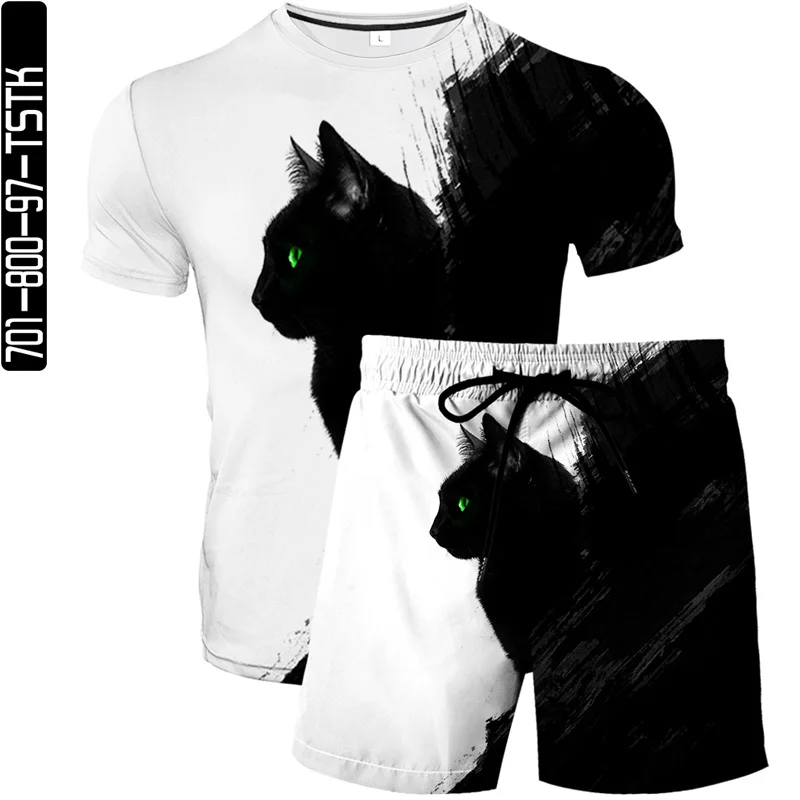 

2021 summer new men and women 3D printing beach pants fashion boutique T-shirt two-piece black and white cat element pattern