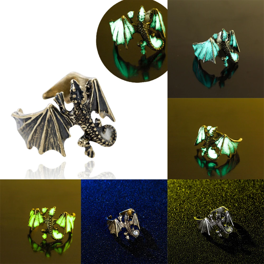

Luminous Dragon Ring for Men Adjustable Size Noctilucent Night Light Glowing In The Dark Moon Domineering Personality Jewelry