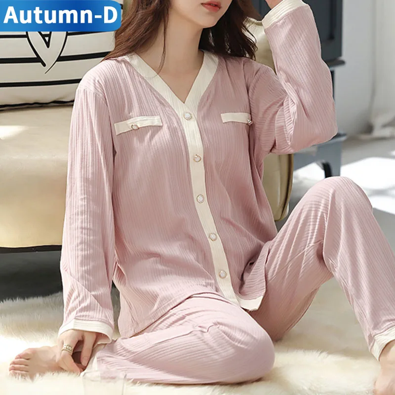 

Autumn Cotton Sleepwear Women Pajama Sets Plus Size Home Clothes Trouser Suit Female Pijama Pink Night Wear Leisure Nightgowns