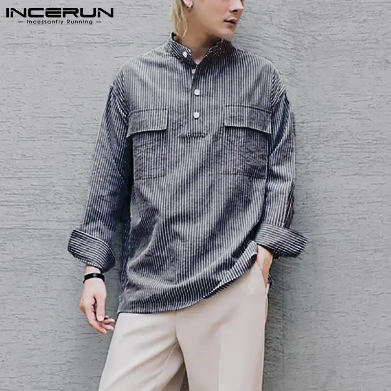 

INCERUN Мужская рубашка в полоску с воротником-стойкой и уличная одежда свободного кроя с длинными рукавами повседневные топы с карманами 2021 м...
