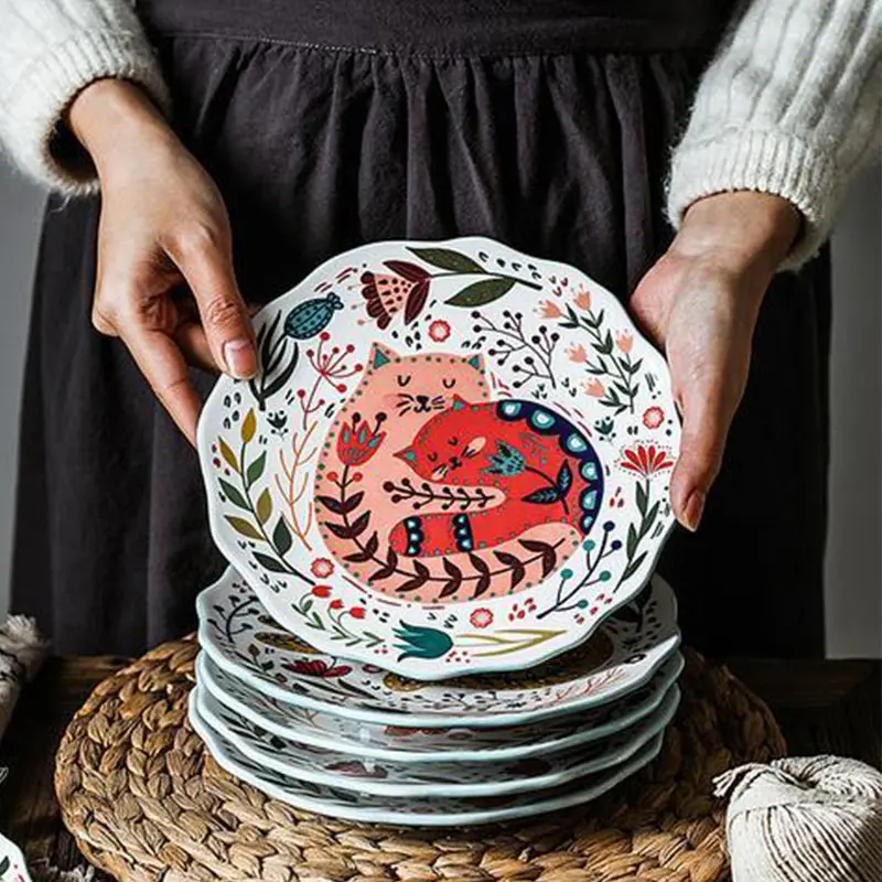 

8-дюймовая тарелка для завтрака, керамическая десертная тарелка с кошкой ручной росписи, поднос, креативная Бытовая тарелка для микроволнов...