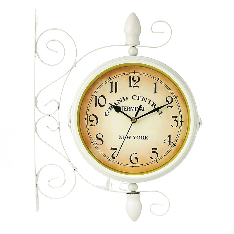 

Белые двухсторонние настенные часы, вращающиеся на 360 °, Круглые Железные европейские ретро креативные настенные часы, домашние украшения, винтажные часы с будильником