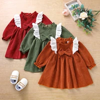 autumn winter toddler girl dress long sleeve ruffles princess dress bow red corduroy dress pleated baby dresses infant clothing