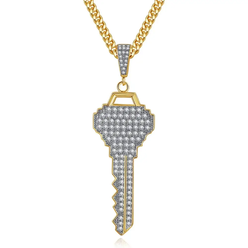 JINSE Hip Hop Cubic Zirconia Necklace Men Fashion Rhinestone Key Pendant Free Cuban Chain Jewelry Gift | Украшения и аксессуары