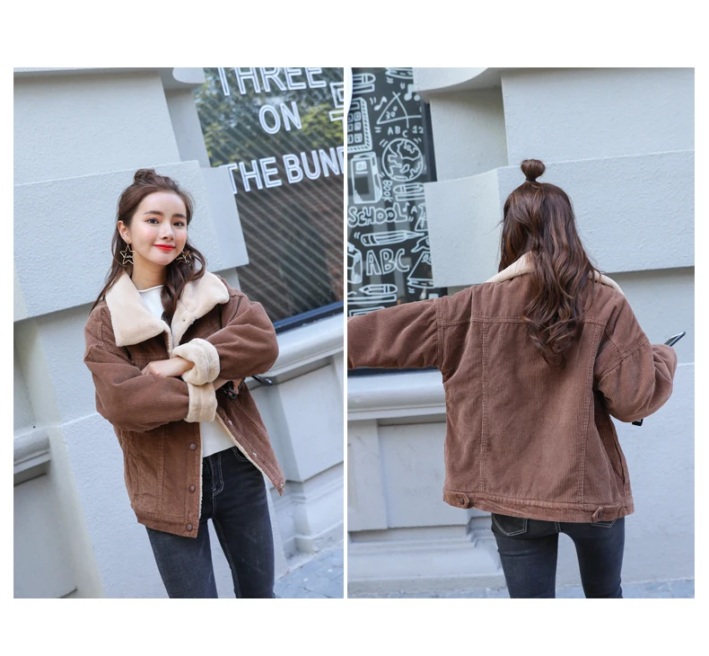 women's corduroy cotton coat plus velvet thickening artificial lamb wool cotton lapels students coat