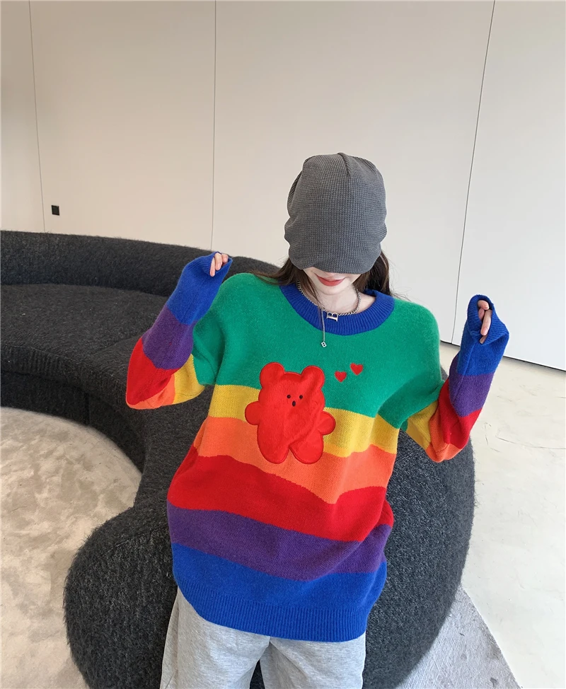 

Korean Style Women Pullover Sweater Fashion Sweet Rainbow Stripes Bear Print O-Neck Knitwear Harajuku Oversized Causal Lazy Tops
