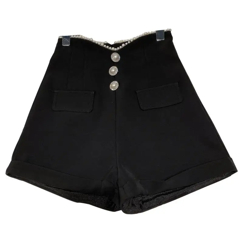 

2021 Summer New Women Shorts Pearls Button Edge Waist Single Breasted Women Ol Shorts