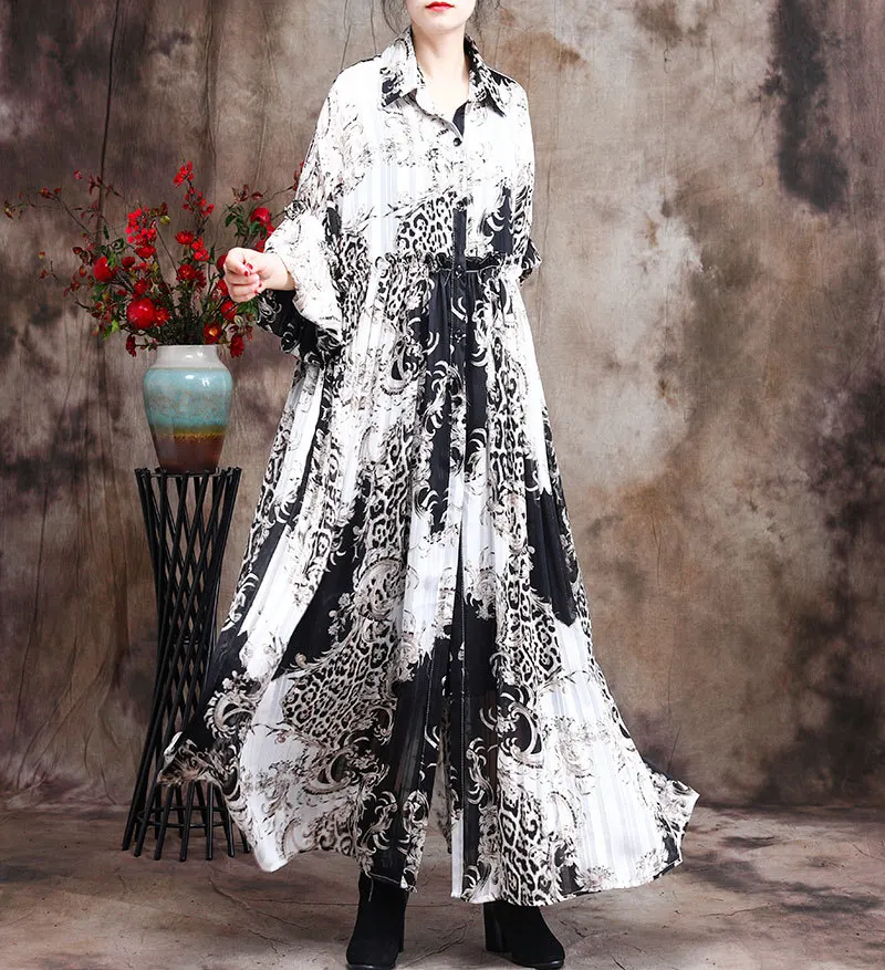 

SuperAen Весна 2021 Новый Шелковый кардиган с принтом рукав-фонарик Мода размера плюс свободные трапециевидные повседневные платья для женщин