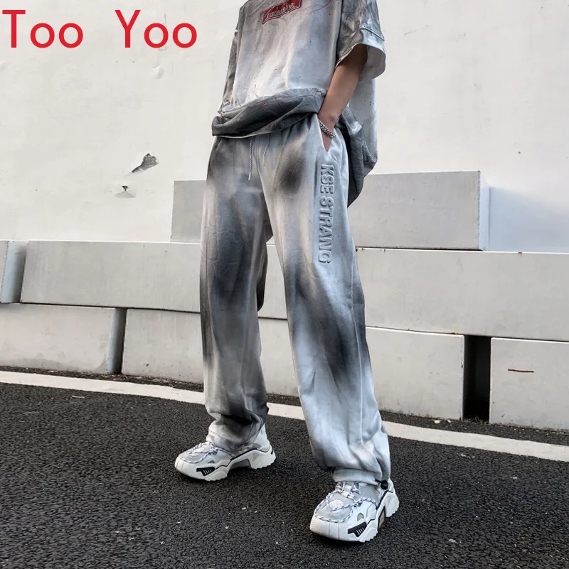 

High Street fashion alphabetic imprint gradient tie-dye pants for men hip hop athleisure bandage cargo pants men