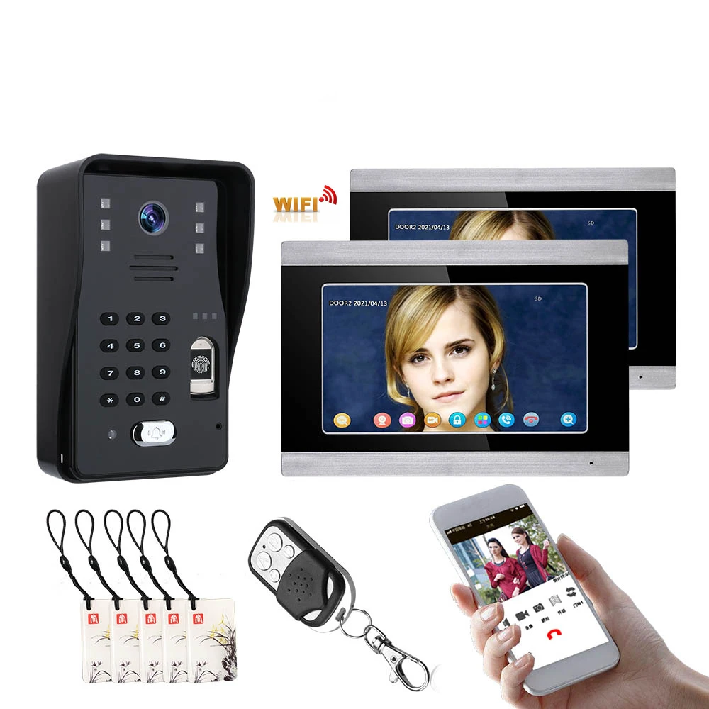 

Видеодомофон TUYA с поддержкой Wi-Fi, RFID, отпечатков пальцев, 2 монитора, 7 дюймов