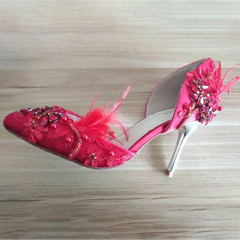

9cm High Heels Wedding Shoes Red Feather Women Pumps Crystal Floral Stiletto Bridal Bridesmaids Gift Shoes Party Ladies Shoes