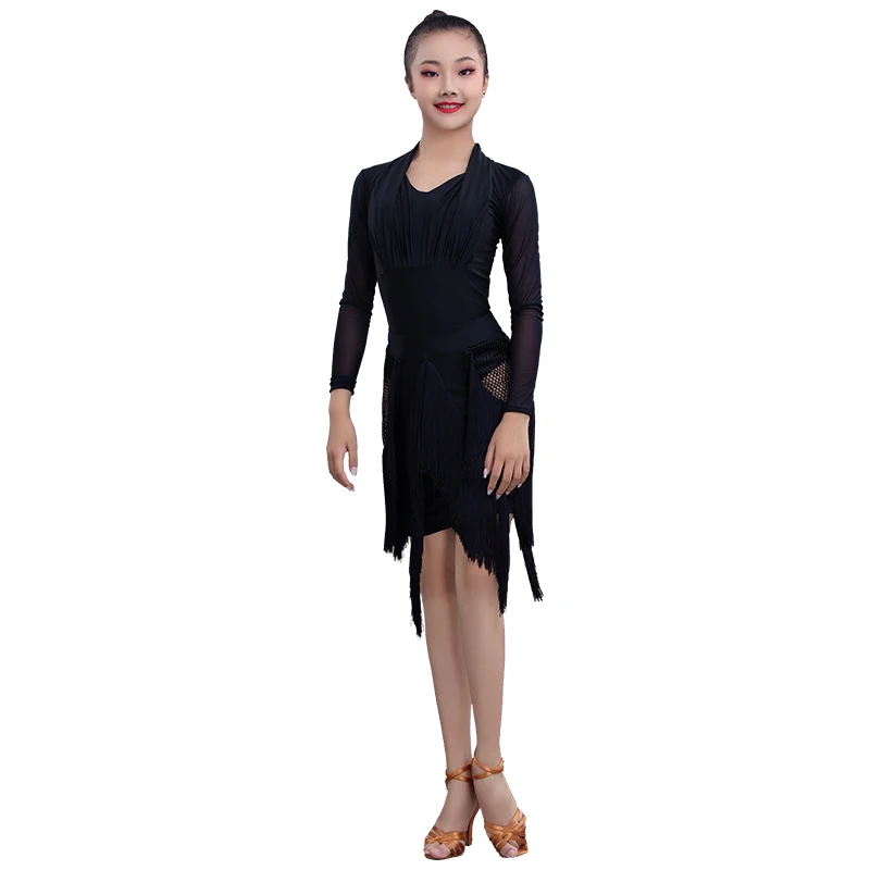 

Sexy Latin Dance Clothing Black Dresses Fringe Long Sleeves Tops Skirt Dancing Girls Performance Party Dress Stage Outfit 3492