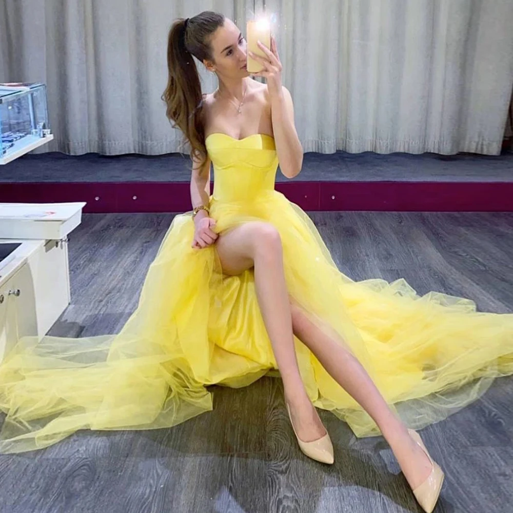 

Yellow Simple Tulle Evening Dresses Long Sparky 2021 Women Sweetheart Elegant Princess Prom Gowns Strapless Sexy robes de soire