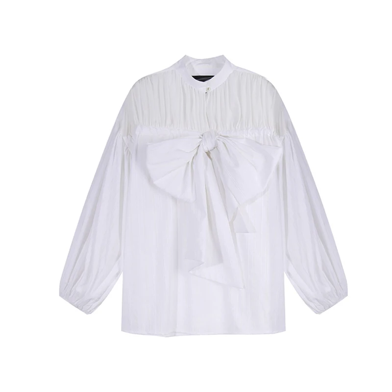 

VGH Elegant Casual Shirts For Women Stand Collar Ruched Bowknot Long Lantern Sleeve Loose Blouses Female 2020 Fashion New Autumn