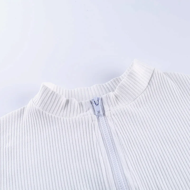 

Viifaa Rib-Knit Sexy Open Zipper Front Bodycon White Romper Short Sleeve Summer Women Club Outfits Solid Slim Shorts Playsuits