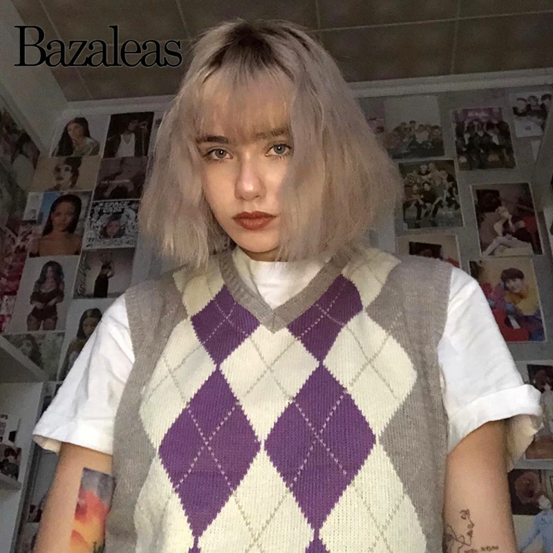 Женский винтажный Трикотажный жилет серый клетчатый с V-образным вырезом осень