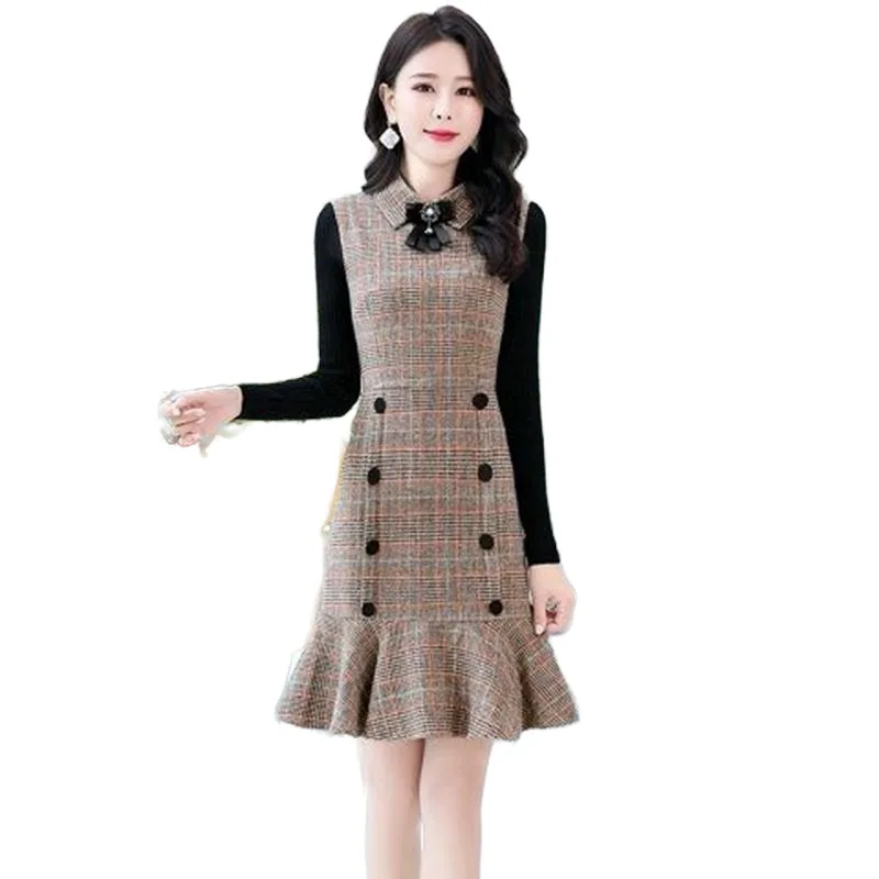 

Fashion Retro Plaid Woolen Dress 2022 Spring New Knit Stitching Small Incense Wind Bag Hip Long-sleeved Fishtail Bottoming Skirt