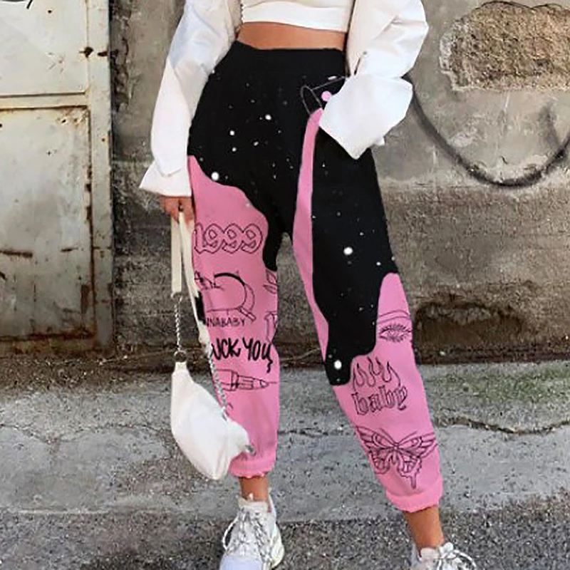 

DEWADBOW Womens Sweatpants Trendy Elastic Waist Street Joggers Lightweight Comfy Baggy Long Pants with Pockets 11 Print Trousers