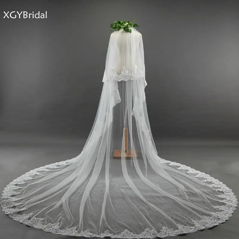 

New Arrival Long Lace Cathedral Bridal Veil 3.5 Meter Wedding Veil With Comb White Ivory Wedding Accessories Matrimonio Velo