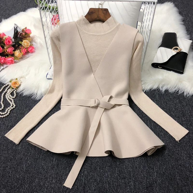 ALPHALMODA осень НОВАЯ Трикотажная нижняя рубашка+ жилет модный костюм из двух частей женский жилет с v-образным вырезом и поясом+ свитер с длинными рукавами