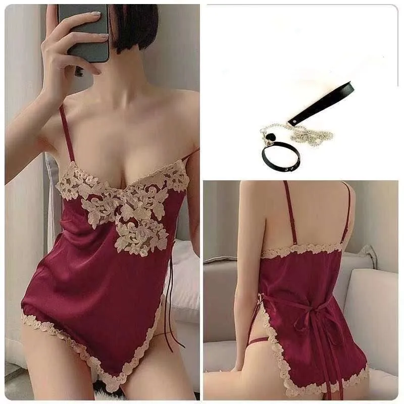 

2021 spring and autumn sexy pajamas female ice silk halter charming lace short skirt hip suit OL no safety pants sauna