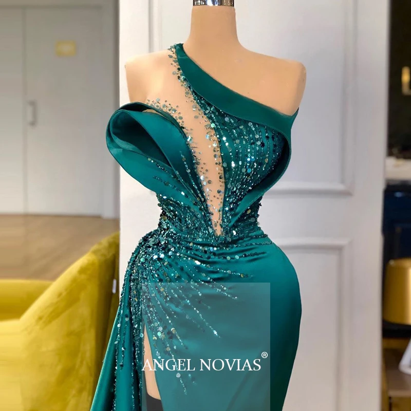 

Long Green Satin Evening Dresses 2020 with Split Abendkleider Beaded Prom Party Dress Saudi Arabic robe de soiree