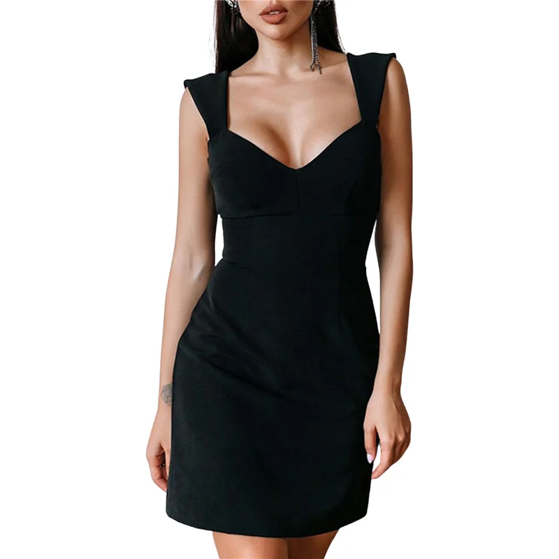 

Women Summer Slim Fit Sundress Adults Sexy Sleeveless High Waisted Solid Color V-neck Bodycon Slim Party Dress