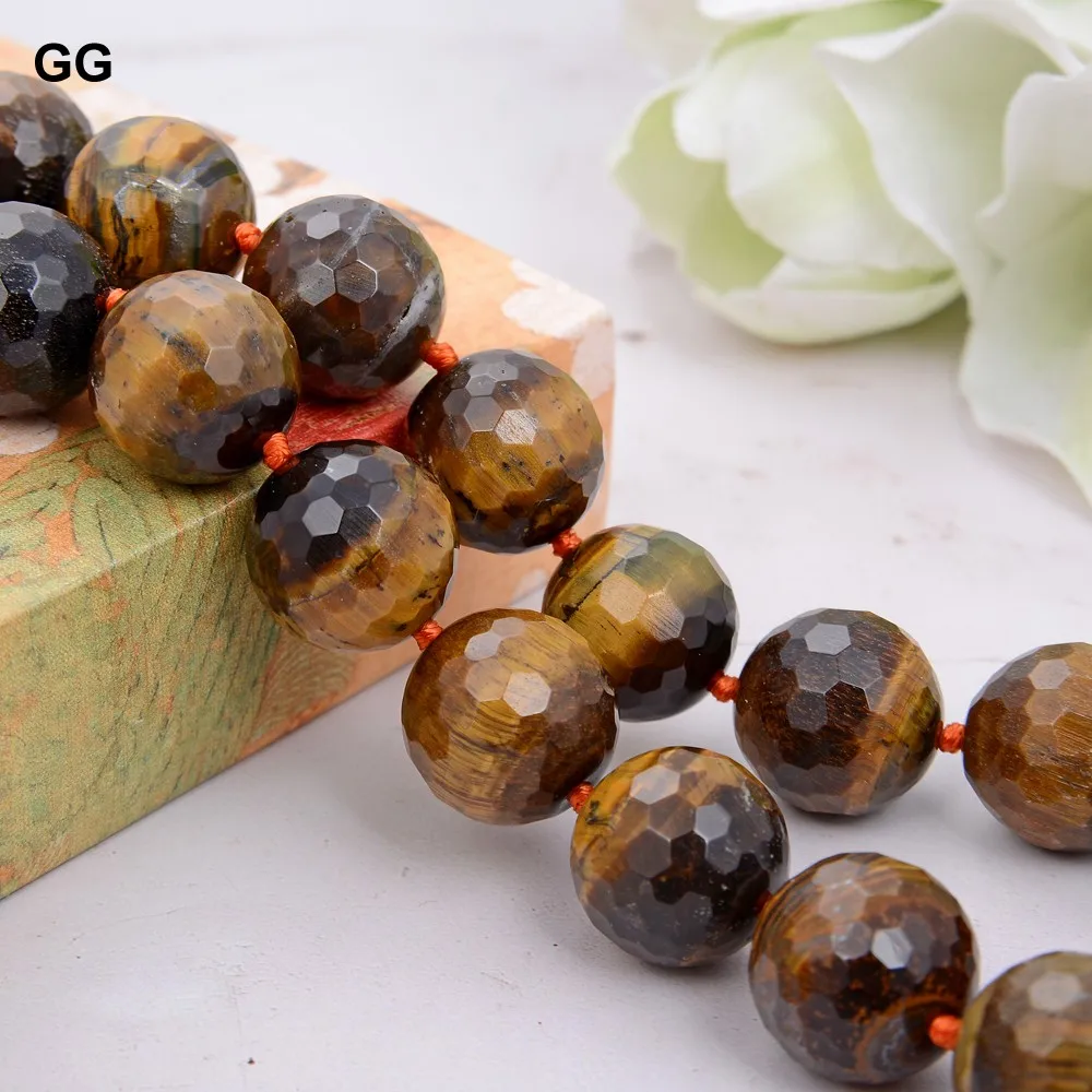 

GG Jewelry Natural Stone 20MM Natural Faceted Round Tigers Eye Necklace For Women Lady Jewelry