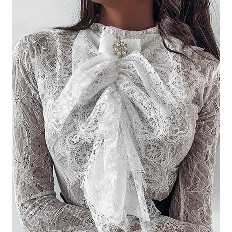 

Fashion Elegant Women See-through Lace Blouse Flare Long Sleeve Bow Collar Shirt Slim Fit Casual Blouse
