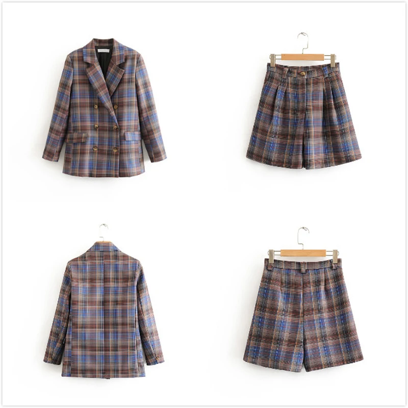 Комплект из двух предметов Женский винтажный офисный пиджак в клетку пальто и