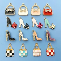 mix 32pcs 16styles women high heel enamel charms rhinestone diamond shoes bowknot bag for jewelry diy bracelets necklace making