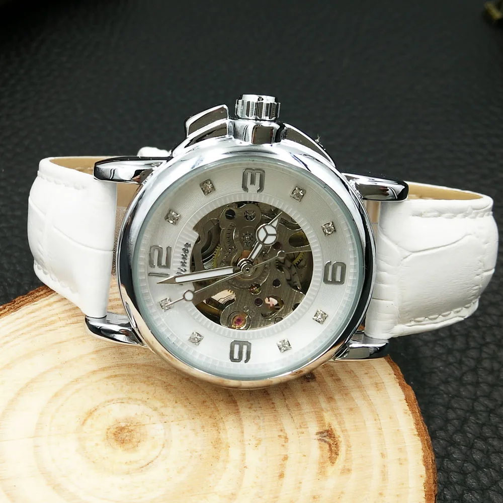 Женские часы Дамы Скелет механические с автоматическим заводом белый кожаный