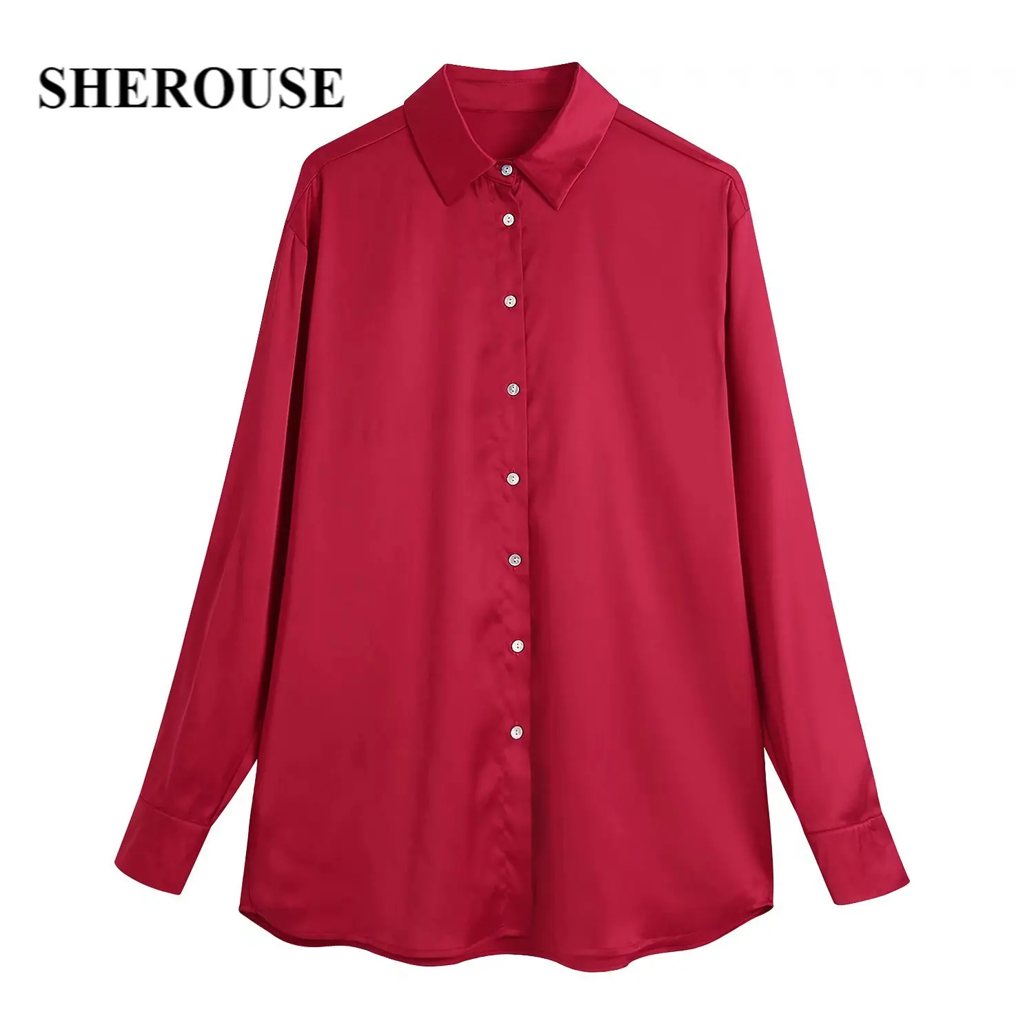 

SHEROUSE Fashion Women Red Satin Flowing Shirt Vintage Single Breasted Long Sleeves Lapel Collar Woman Shirts Chic Tops Blouse