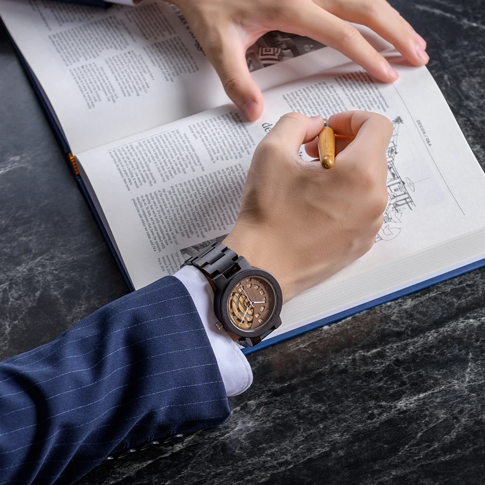 

Men's Wood Watch 100% Natural Ebony Wooden Quartz Watch with Wood Strap Adjustable 24 Hour Display Easy to Read Reloj Hombre