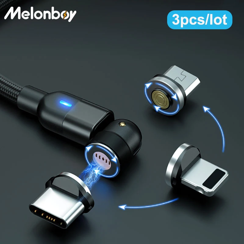 

3pcs 540° Rotation 3A Charging Cable Glowing Magnetic Cable Phone Charging Cord For iPhone Samsung Huawei Phone Cable Wire Charg