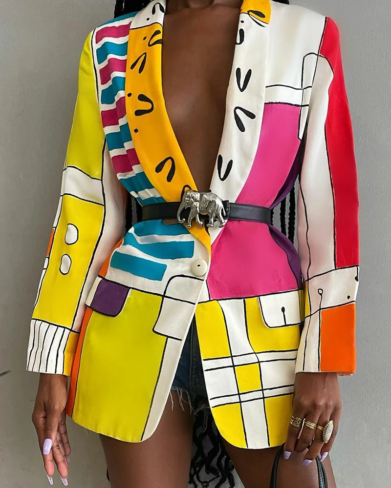 

2021 New All Over Print Shawl Collar Single Button Blazer