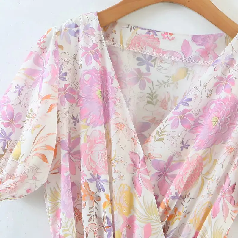 

Summer Women Casual Pink Floral Chiffon Tea Wrap Dresses Holiday V-Neck Short Sleeve Lace Up Adjustable Waist One Piece Robe New