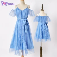 popreal summer sling mesh stitching belt wave point girl family dress mom and daughter skirt mother kids family matching outfits